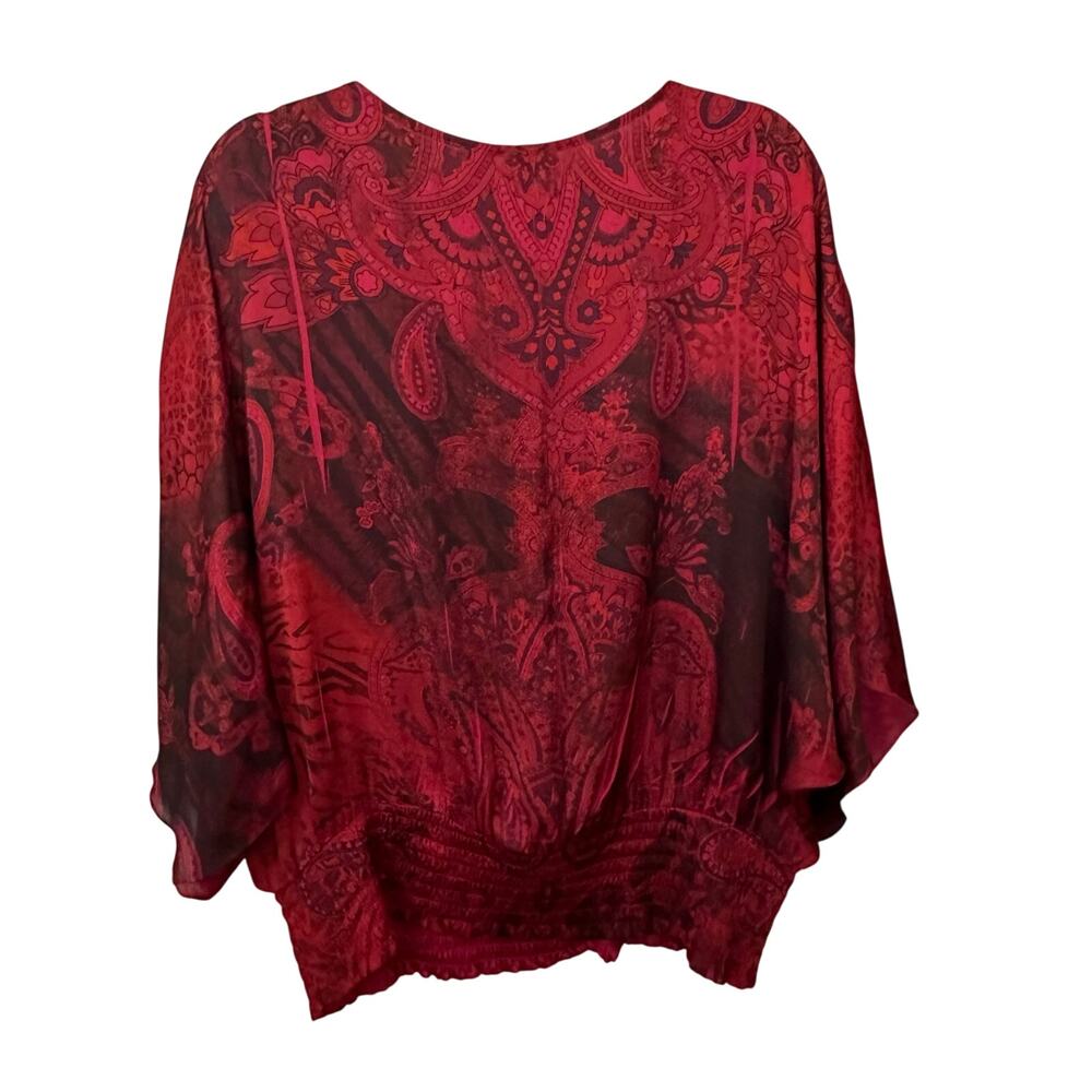 Cato Poncho Blouse Womens XL Red Black Paisley Floral Elastic Waist Bohemian - Picture 3 of 7